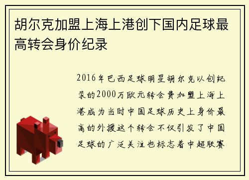 胡尔克加盟上海上港创下国内足球最高转会身价纪录